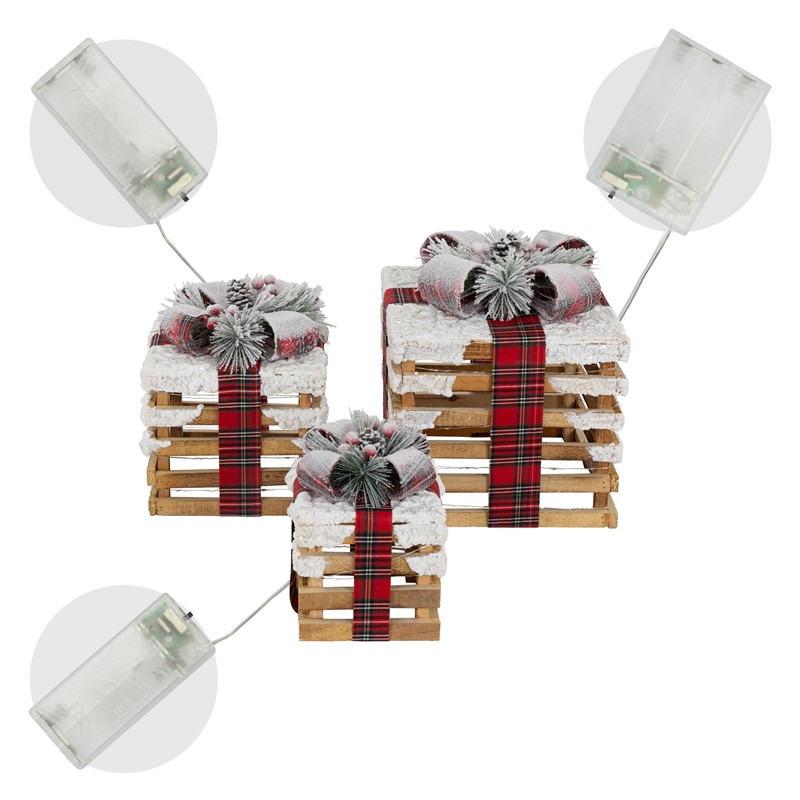 LED Geschenkbox Weihnachtsdeko 3er Set Braun aus Holz batteriebetrieben mit Timer