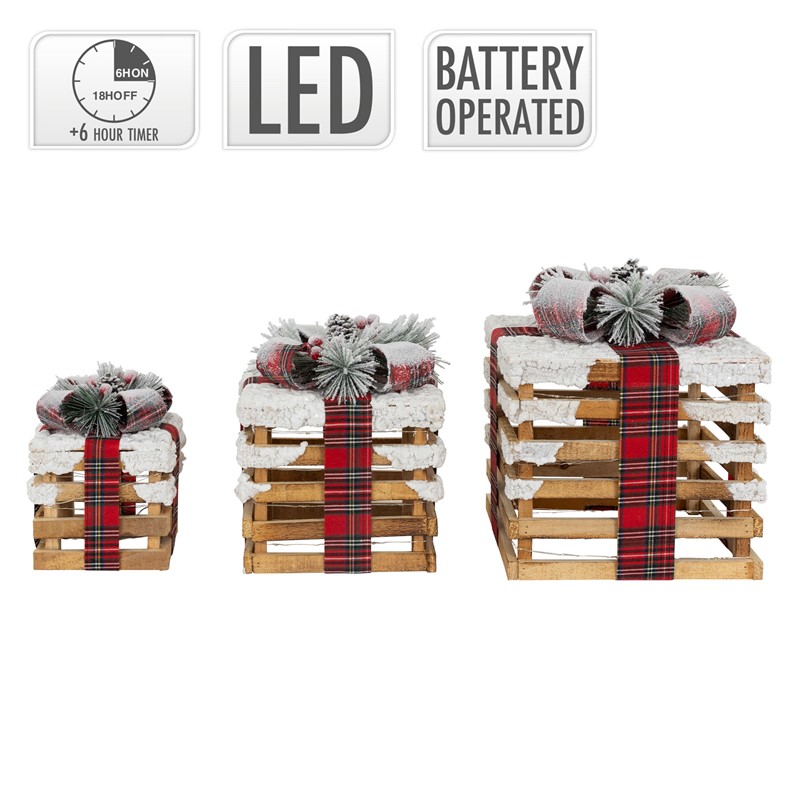 LED Geschenkbox Weihnachtsdeko 3er Set Braun aus Holz batteriebetrieben mit Timer