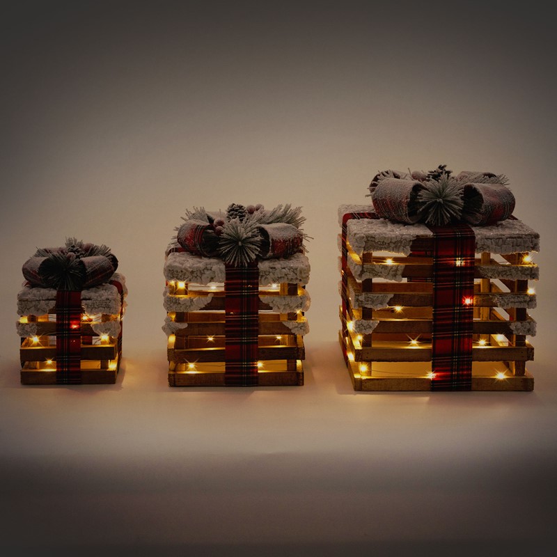 LED Geschenkbox Weihnachtsdeko 3er Set Braun aus Holz batteriebetrieben mit Timer