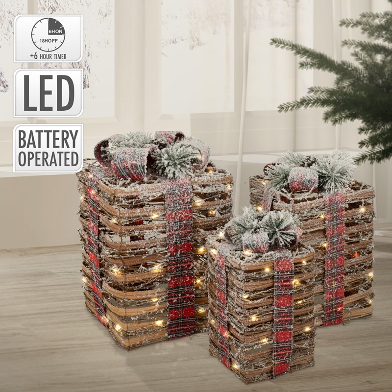 3er Set LED Weihnachtsgeschenkboxen warmweiß aus Rattan mit Timer und Kunstschnee 3er Set LED Weihnachtsgeschenkboxen warmweiß aus Rattan mit Timer und Kunstschnee
