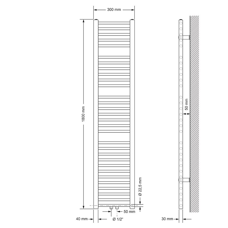 Badheizkörper mit Mittelanschluss 300x1800 mm Schwarz matt gerade mit Wand Anschlussgarnitur LuxeBath
