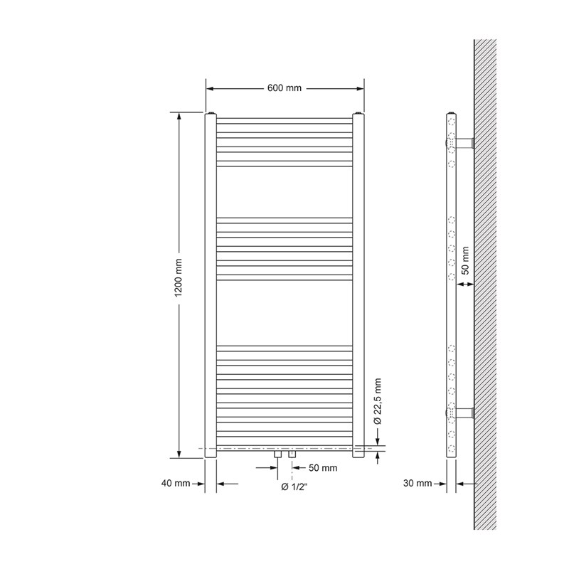 Design Badheizkörper Sahara mit Boden Thermostatventil 600x1200 mm gerade Schwarz matt Mittelanschluss LuxeBath
