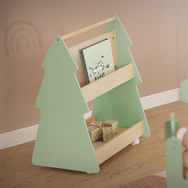 Kinder Bücherregal Tanne-Design Grün/Natur mit Ablagen und Rollen Joyz Kinder Bücherregal Tanne-Design Grün/Natur mit Ablagen und Rollen Joyz