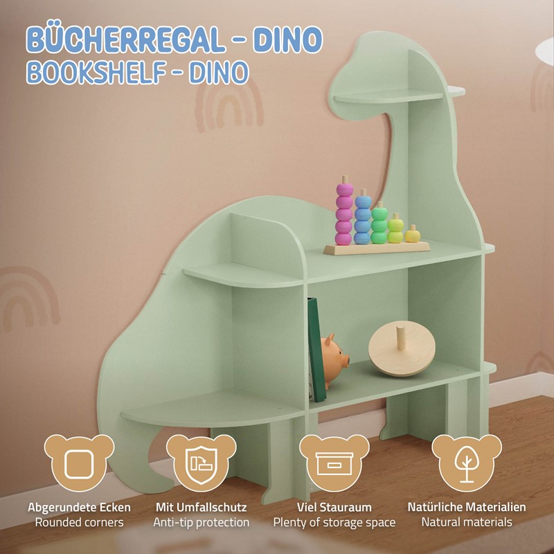 Wandregal fürs Kinderzimmer Dino mit Umfallschutz und abgerundet in Grün aus Holz Joyz