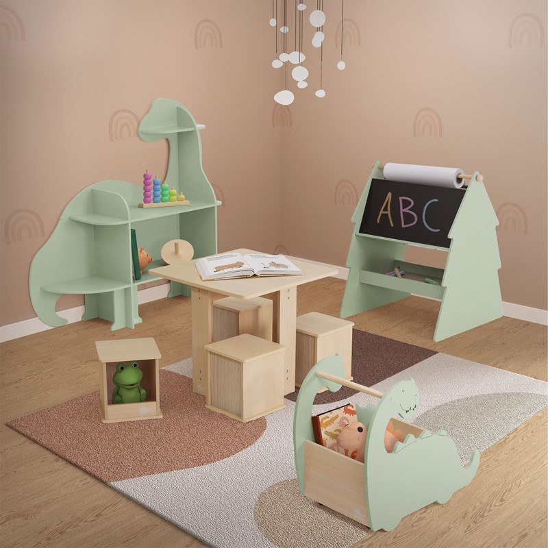 Wandregal fürs Kinderzimmer Dino mit Umfallschutz und abgerundet in Grün aus Holz Joyz