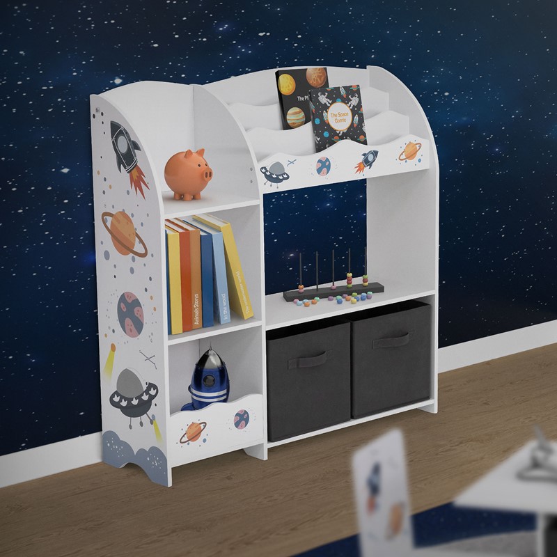Kinderregal Weltraum-Motiv mit 8 Ablagefächern und 2 abnehmbaren Stoffboxen Weiß aus Holz Joyz Kinderregal Weltraum-Motiv mit 8 Ablagefächern und 2 abnehmbaren Stoffboxen Weiß aus Holz Joyz