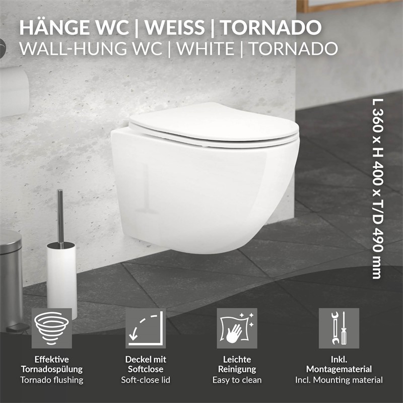 Wand-WC Hänge Toilette aus Keramik 49 cm lang Spülrandlos mit Softclose Luxebath