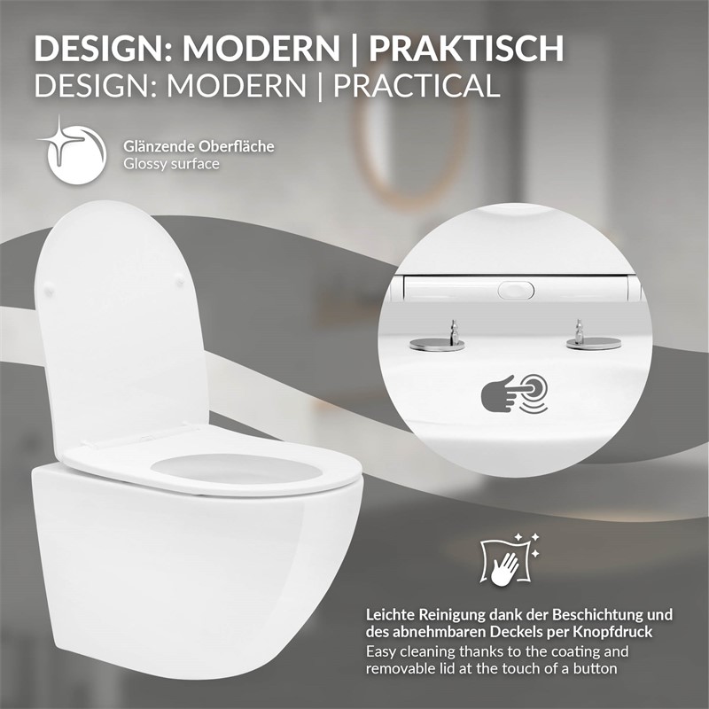 Wand-WC Hänge Toilette aus Keramik 49 cm lang Spülrandlos mit Softclose Luxebath