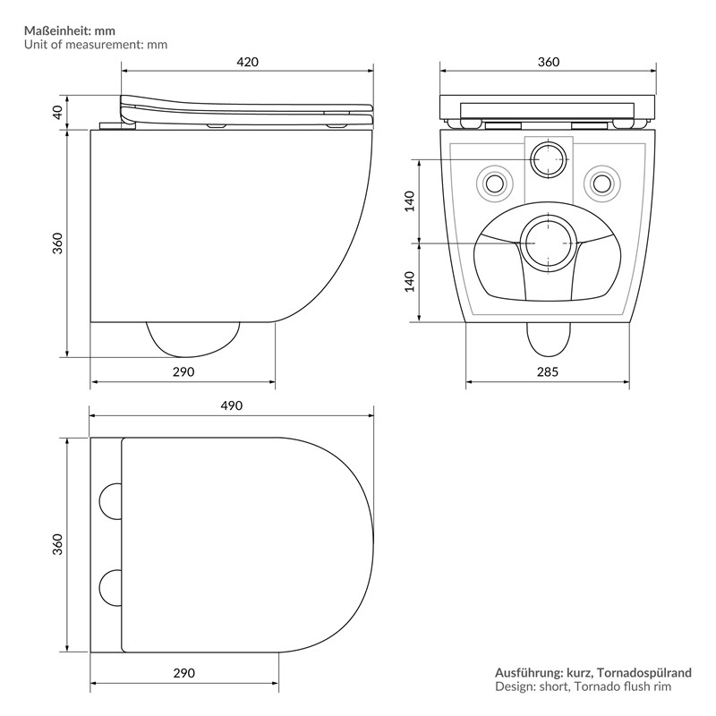 Wand-WC Hänge Toilette aus Keramik 49 cm lang Spülrandlos mit Softclose Luxebath