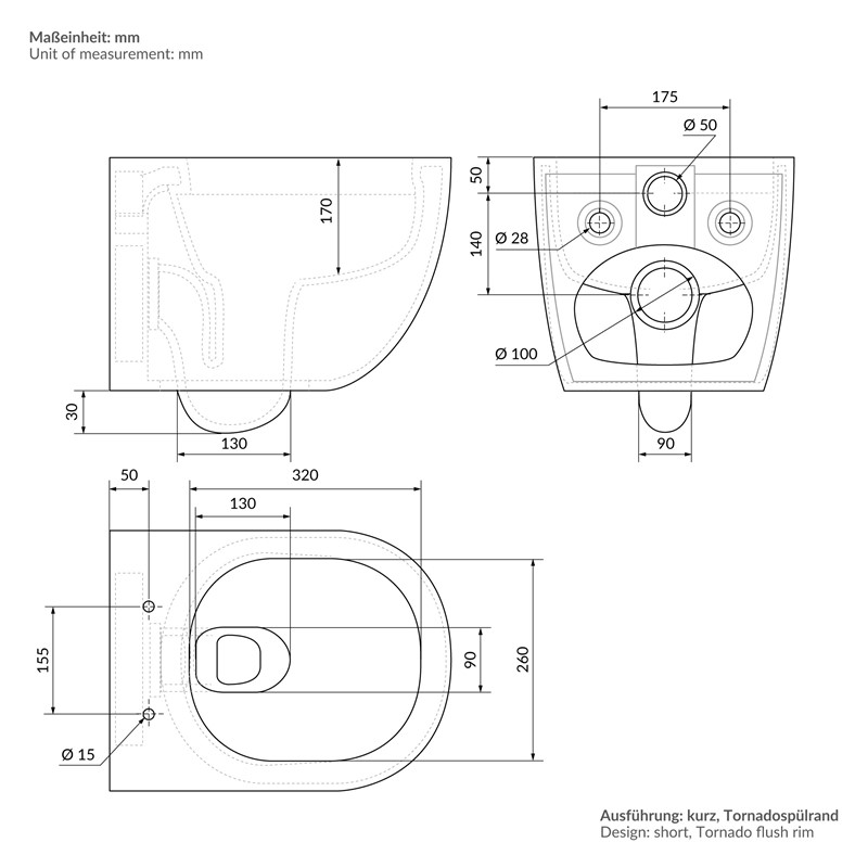 Wand-WC Hänge Toilette aus Keramik 49 cm lang Spülrandlos mit Softclose Luxebath