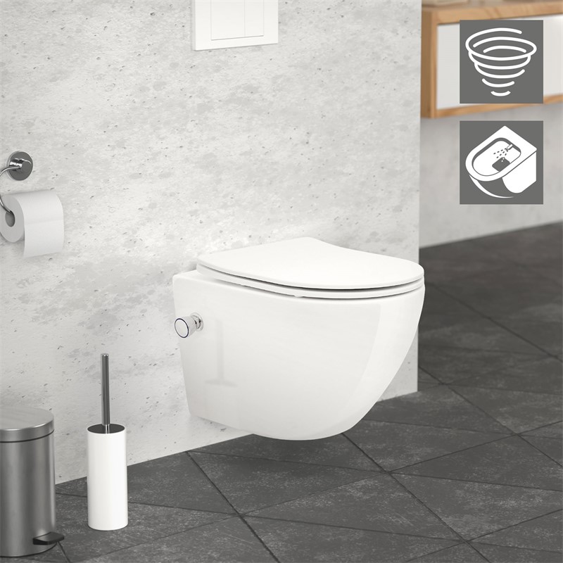 Wand-WC Hänge Toilette aus Keramik 49cm lang Spülrandlos mit Bidet & Softclose Luxebath Wand-WC Hänge Toilette aus Keramik 49cm lang Spülrandlos mit Bidet & Softclose Luxebath