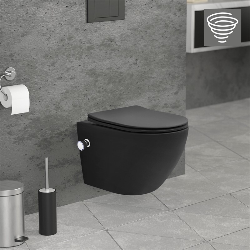 Wand-WC Hänge Toilette aus Keramik Matt Schwarz 49 cm lang Spülrandlos mit Bidet & Softclose Luxebath Wand-WC Hänge Toilette aus Keramik Matt Schwarz 49 cm lang Spülrandlos mit Bidet & Softclose Luxebath