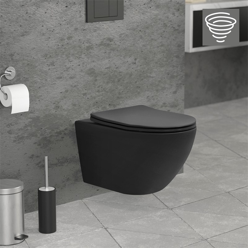 Wand-WC Hänge Toilette aus Keramik Matt Schwarz 54 cm lang Spülrandlos mit Softclose Luxebath Wand-WC Hänge Toilette aus Keramik Matt Schwarz 54 cm lang Spülrandlos mit Softclose Luxebath