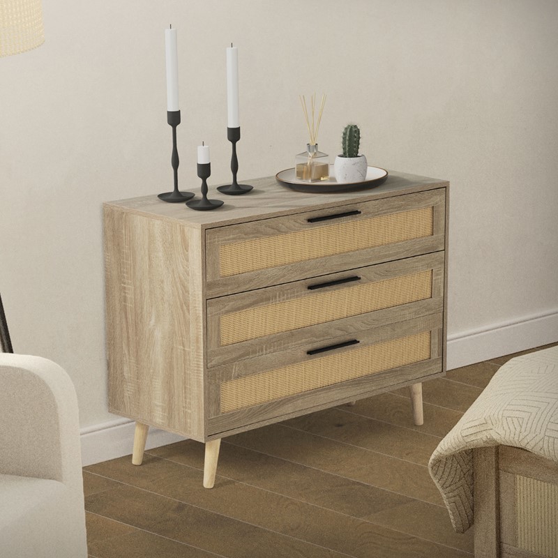 Kommode Sideboard mit 3 Schubladen 100x77x40 cm Eiche-Optik mit Rattanfront und Massivholzfüßen ML-Design Kommode Sideboard mit 3 Schubladen 100x77x40 cm Eiche-Optik mit Rattanfront und Massivholzfüßen ML-Design