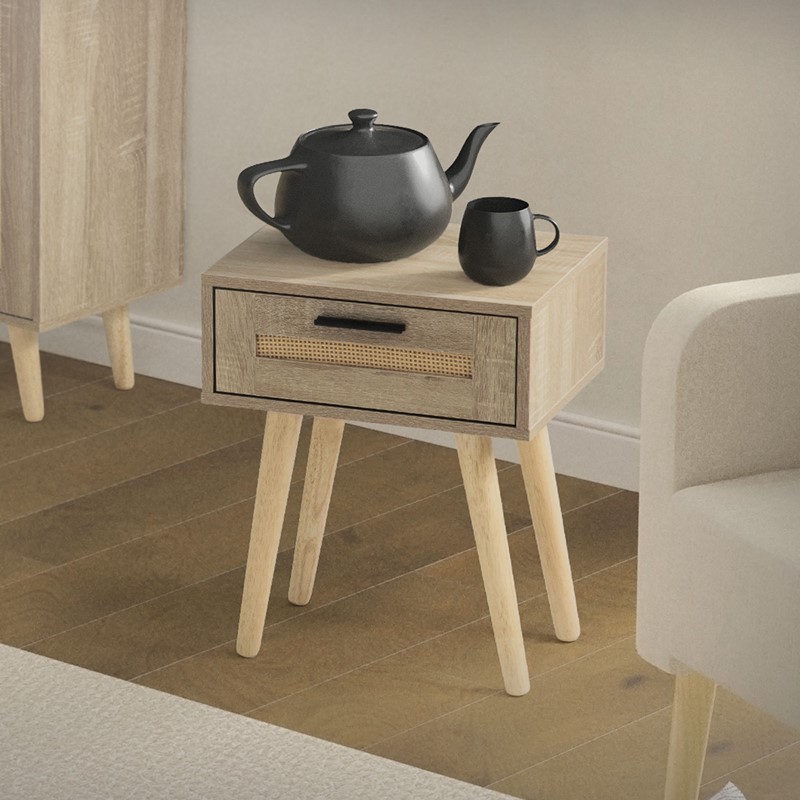 Nachttisch 40x50,5x30 cm Eiche-Optik Beistelltisch mit Rattanfront & Massivholzfüßen ML-Design Nachttisch 40x50,5x30 cm Eiche-Optik Beistelltisch mit Rattanfront & Massivholzfüßen ML-Design