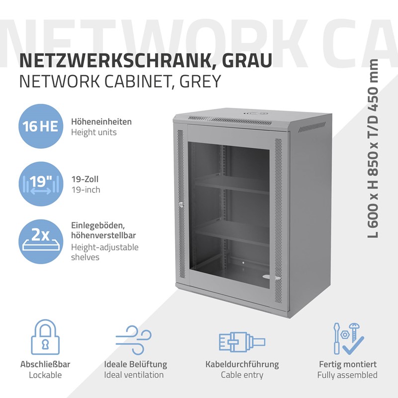 Netzwerkschrank 16 HE 19 Zoll Grau 450 mm Tiefe, 600 x 850 x 450 mm Traglast 60 kg