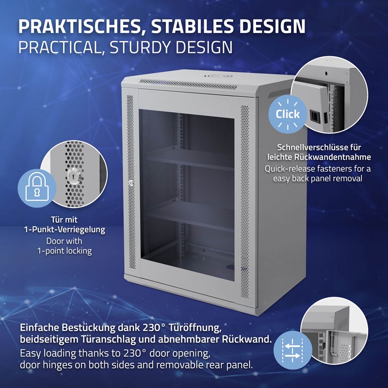 Netzwerkschrank 16 HE 19 Zoll Grau 450 mm Tiefe, 600 x 850 x 450 mm Traglast 60 kg