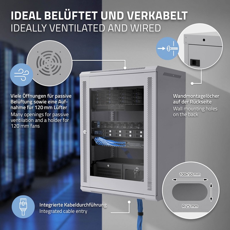 Netzwerkschrank 16 HE 19 Zoll Grau 450 mm Tiefe, 600 x 850 x 450 mm Traglast 60 kg