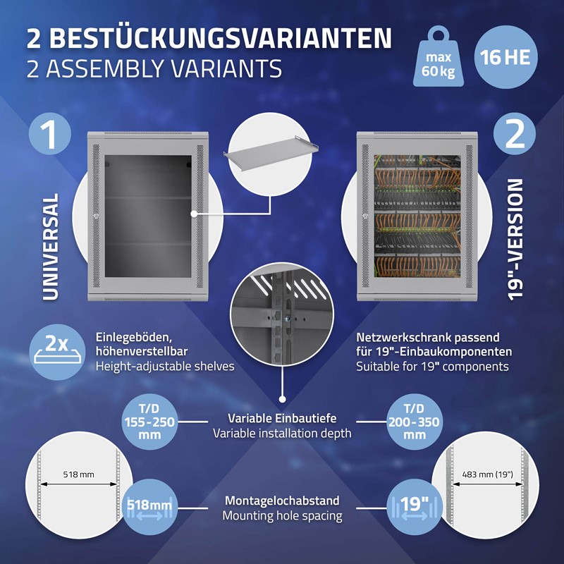 Netzwerkschrank 16 HE 19 Zoll Grau 450 mm Tiefe, 600 x 850 x 450 mm Traglast 60 kg