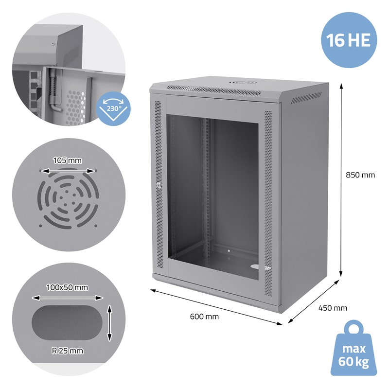 Netzwerkschrank 16 HE 19 Zoll Grau 450 mm Tiefe, 600 x 850 x 450 mm Traglast 60 kg