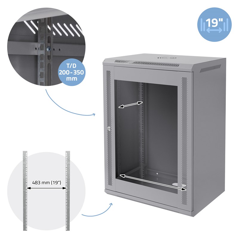 Netzwerkschrank 16 HE 19 Zoll Grau 450 mm Tiefe, 600 x 850 x 450 mm Traglast 60 kg