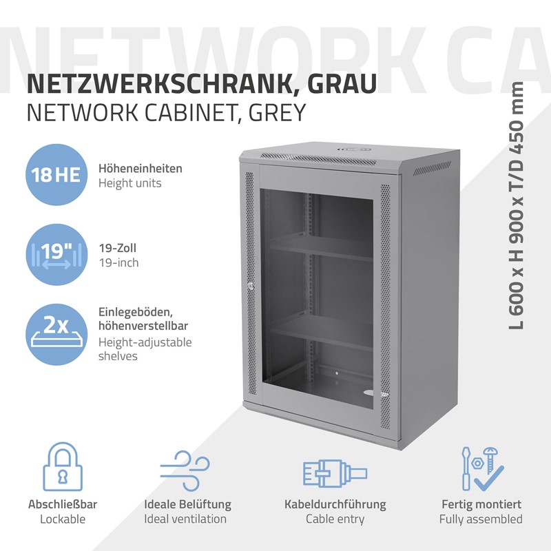 Netzwerkschrank 18 HE 19 Zoll Grau 600 x 900 x 450 mm voll montiert Traglast 60 kg