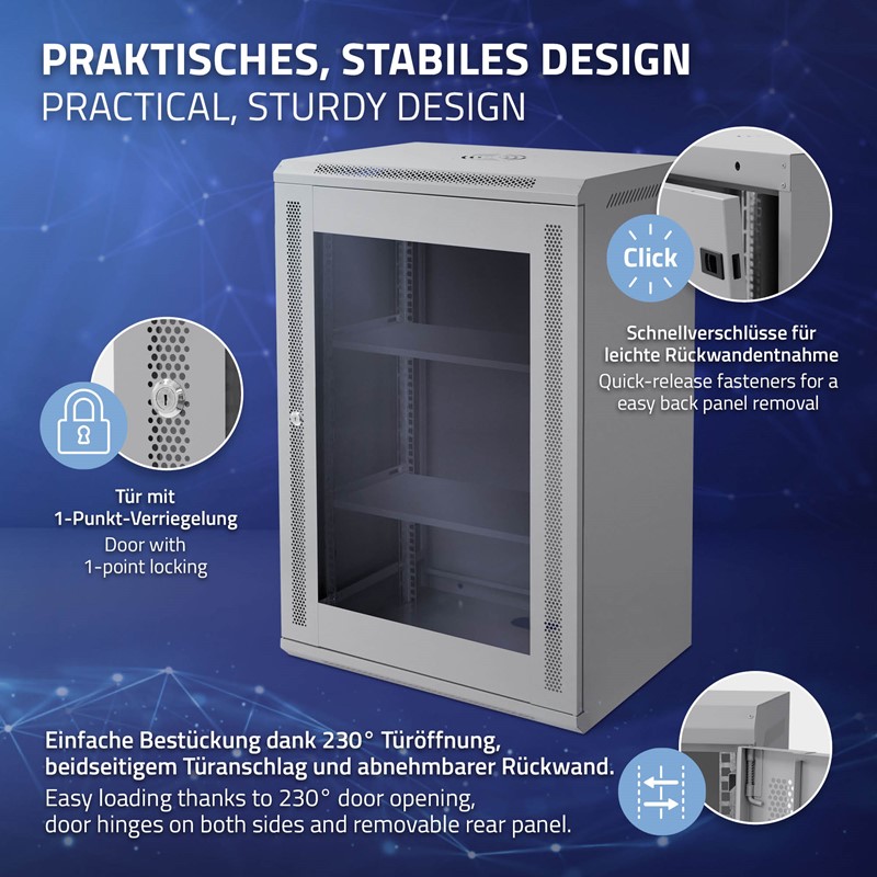Netzwerkschrank 18 HE 19 Zoll Grau 600 x 900 x 450 mm voll montiert Traglast 60 kg