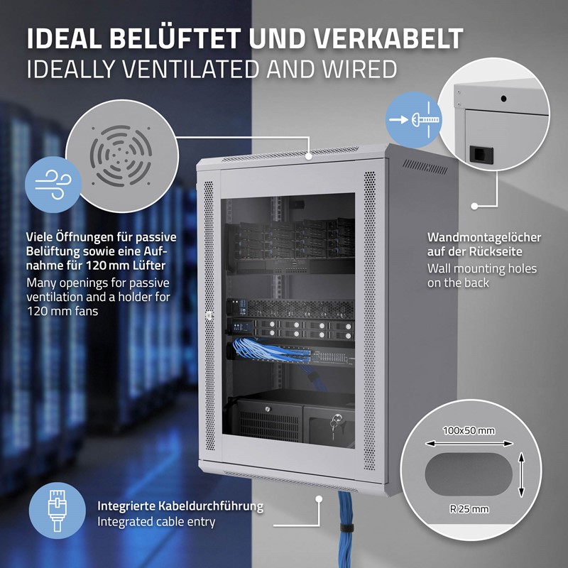 Netzwerkschrank 18 HE 19 Zoll Grau 600 x 900 x 450 mm voll montiert Traglast 60 kg