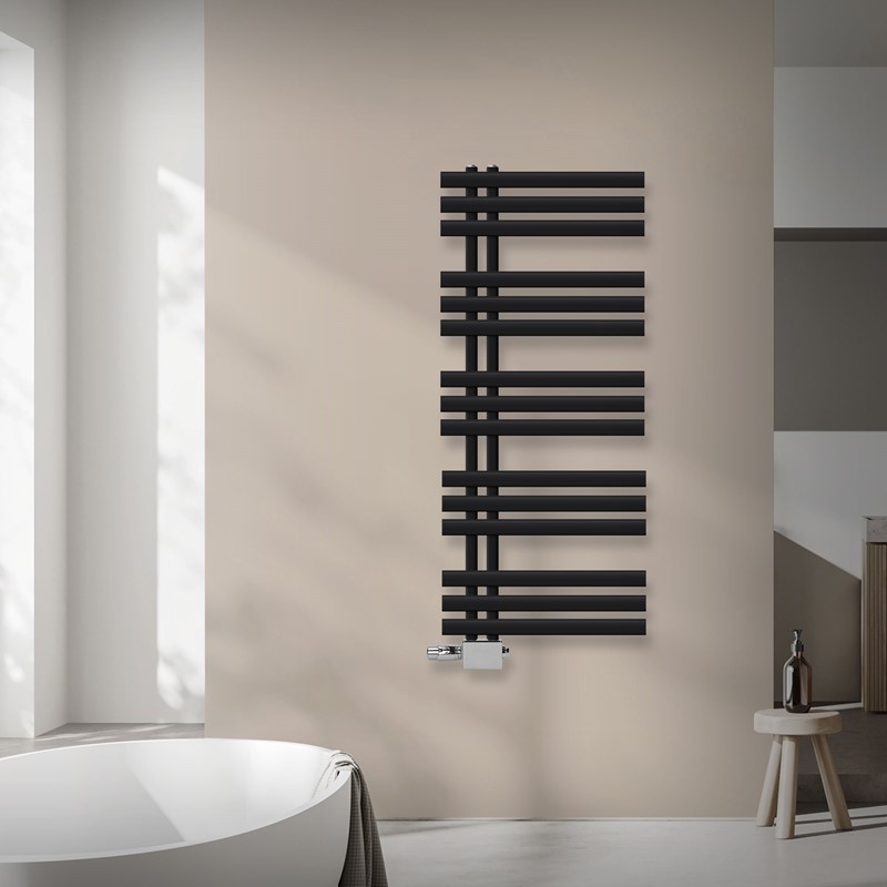 Badheizkörper Mittelanschluss 500x1200 mm Schwarz matt mit Universal Thermostatventil LuxeBath Badheizkörper Mittelanschluss 500x1200 mm Schwarz matt mit Universal Thermostatventil LuxeBath
