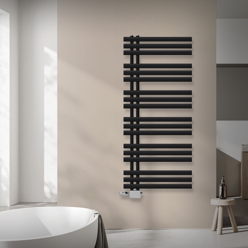 Badheizkörper Mittelanschluss 600x1400 mm Schwarz matt mit Universal Thermostatventil LuxeBath Badheizkörper Mittelanschluss 600x1400 mm Schwarz matt mit Universal Thermostatventil LuxeBath