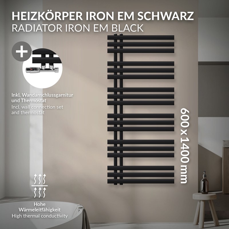 Badheizkörper Mittelanschluss 600x1400 mm Schwarz matt mit Wand Thermostatventil LuxeBath