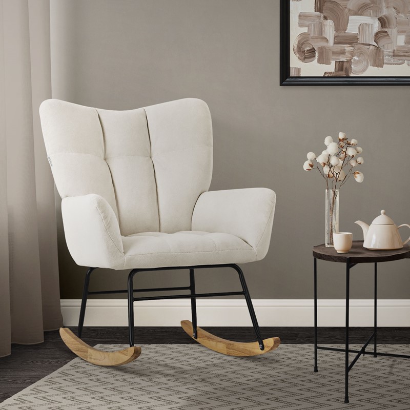 Schaukelstuhl mit Armlehnen in Frottee Beige bis 120 kg Naturholz Schaukelsessel Relaxstuhl Schaukelstuhl mit Armlehnen in Frottee Beige bis 120 kg Naturholz Schaukelsessel Relaxstuhl
