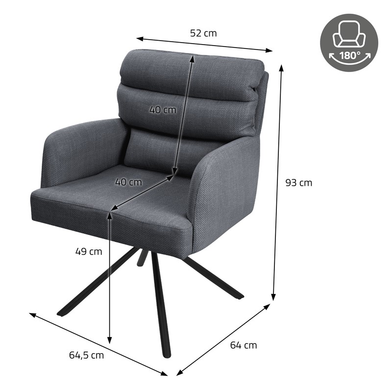 Esszimmerstuhl Anthrazit drehbar mit abnehmbaren Rückenkissen gepolstert bis 120 Kilogramm ML-Design