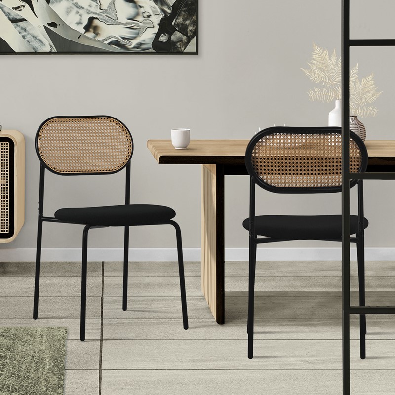 Esszimmerstuhl 2er Set Schwarz bis 120 kg Rattan Rückenlehne ML-Design
