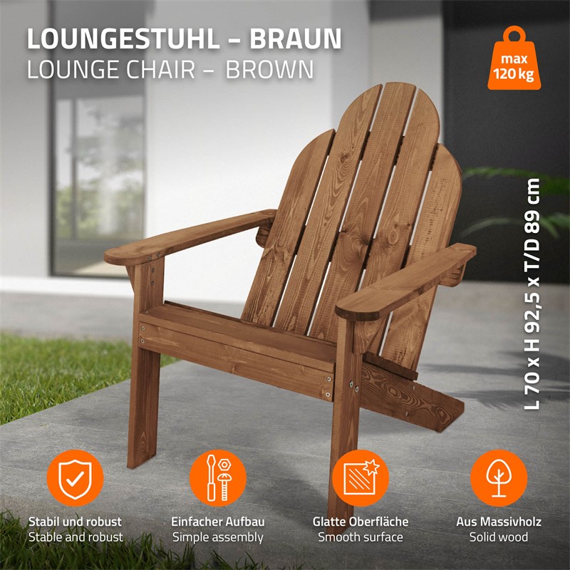 Adirondack Gartenstuhl 2er Set aus Massivholz wetterfest belastbar bis 120 kg Braun aus Tannenholz ML-Design