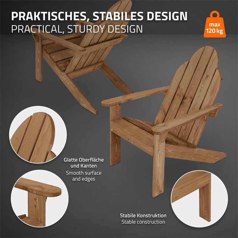 Adirondack Gartenstuhl 2er Set aus Massivholz wetterfest belastbar bis 120 kg Braun aus Tannenholz ML-Design