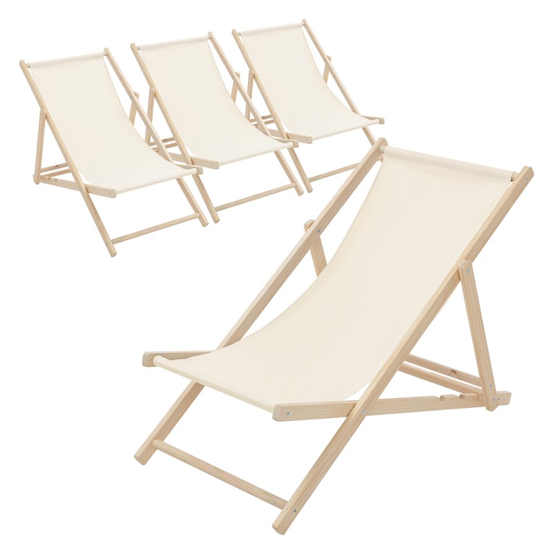 4er Set Liegestuhl klappbar Beige Holz verstellbare Rückenlehne bis 120 kg Sonnenliege Gartenliege Strandliege