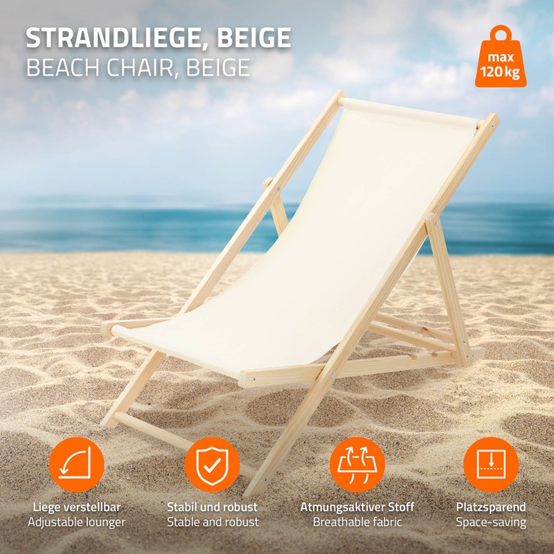 4er Set Liegestuhl klappbar Beige Holz verstellbare Rückenlehne bis 120 kg Sonnenliege Gartenliege Strandliege