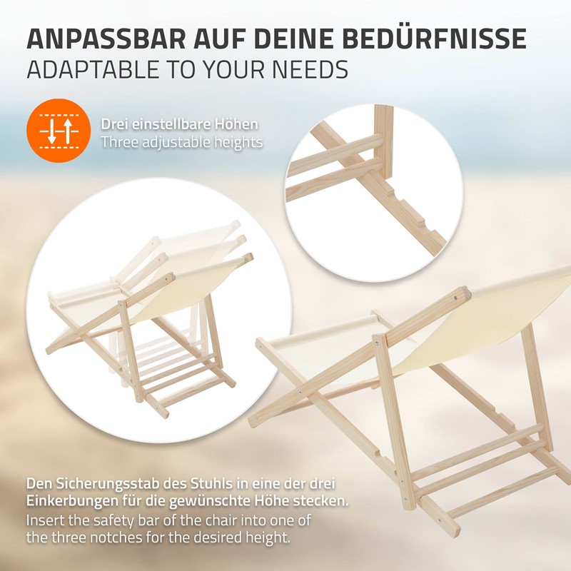 4er Set Liegestuhl klappbar Beige Holz verstellbare Rückenlehne bis 120 kg Sonnenliege Gartenliege Strandliege