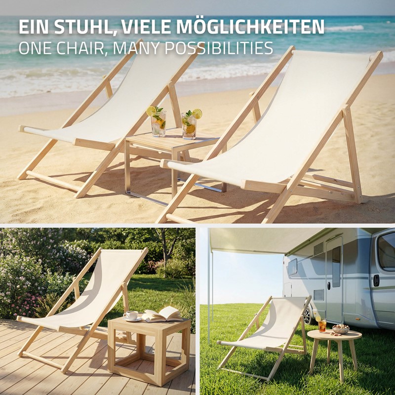 4er Set Liegestuhl klappbar Beige Holz verstellbare Rückenlehne bis 120 kg Sonnenliege Gartenliege Strandliege