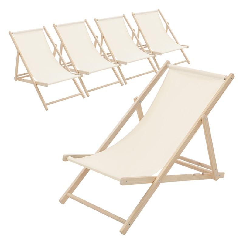 5er Set Liegestuhl klappbar Beige Holz verstellbare Rückenlehne bis 120 kg Sonnenliege Gartenliege Strandliege