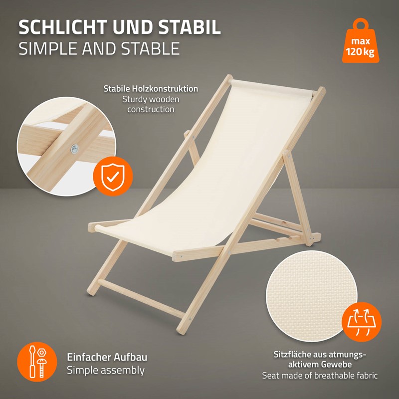 5er Set Liegestuhl klappbar Beige Holz verstellbare Rückenlehne bis 120 kg Sonnenliege Gartenliege Strandliege