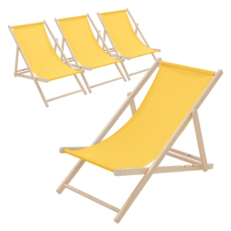 4er Set Liegestuhl klappbar Gelb Holz verstellbare Rückenlehne bis 120 kg Sonnenliege Gartenliege Strandliege