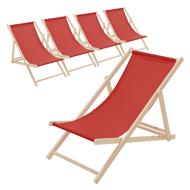 5er Set Liegestuhl klappbar Rot Holz verstellbare Rückenlehne bis 120 kg Sonnenliege Gartenliege Strandliege