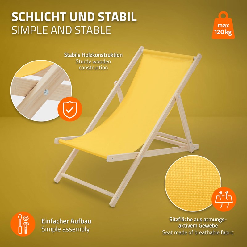 5er Set Liegestuhl klappbar Gelb Holz verstellbare Rückenlehne bis 120 kg Sonnenliege Gartenliege Strandliege