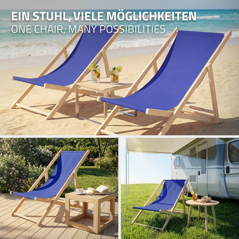 3er Set Liegestuhl klappbar Dunkelblau Holz verstellbare Rückenlehne bis 120 kg Sonnenliege Gartenliege Strandliege