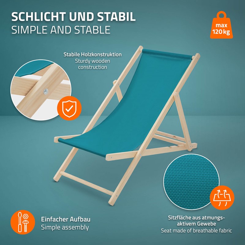 Liegestuhl 3er Set klappbar aus Holz 3 Liegepositionen bis 120 kg Petrol