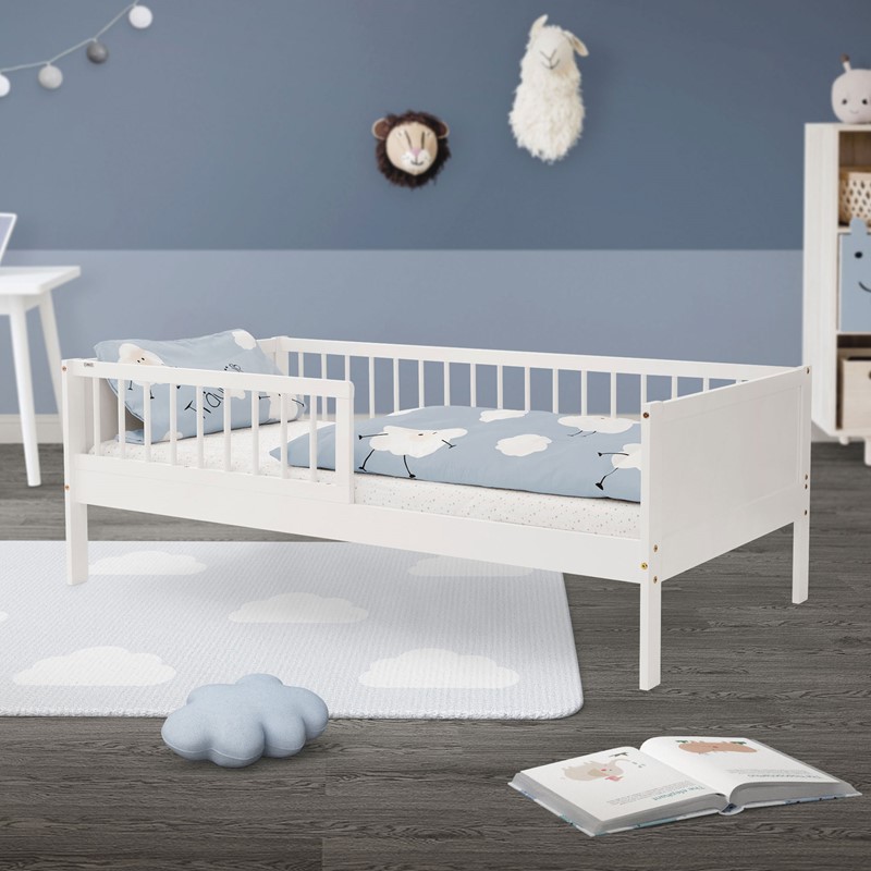 Kinderbett 80x160 cm mit Lattenrost und Rausfallschutz Weiß Kiefernholz ML-Design