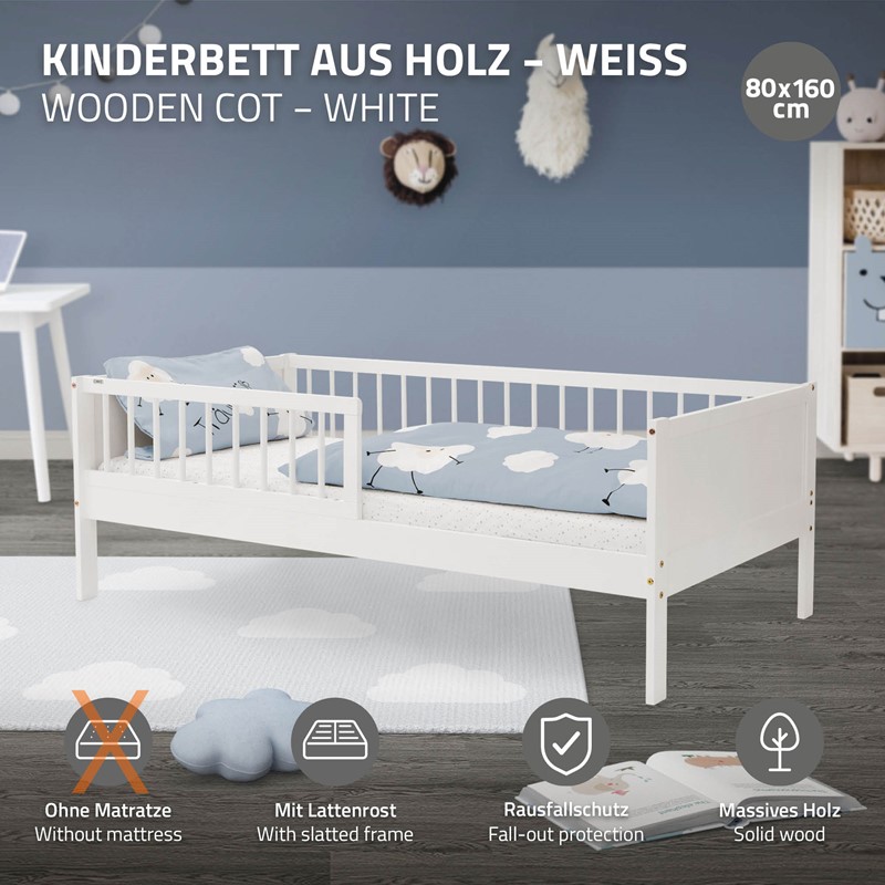 Kinderbett 80x160 cm mit Lattenrost und Rausfallschutz Weiß Kiefernholz ML-Design