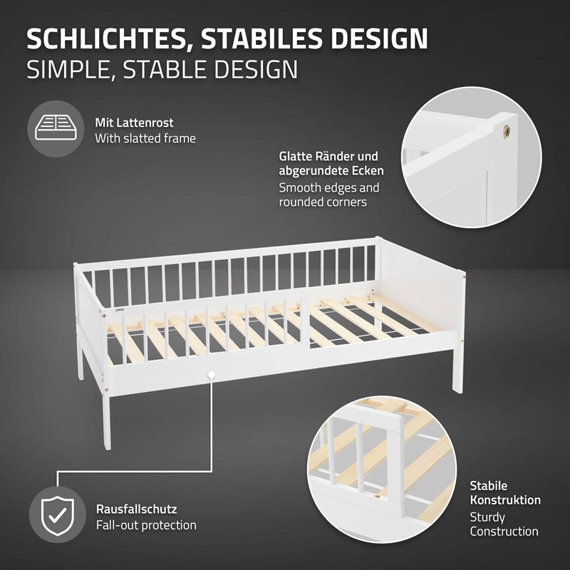Kinderbett 80x160 cm mit Lattenrost und Rausfallschutz Weiß Kiefernholz ML-Design